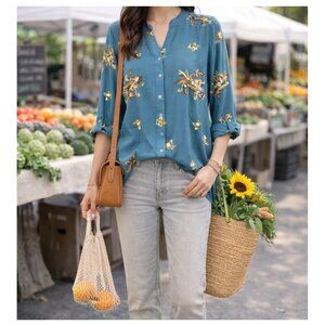 KINDRED Floral Embroidered Blue Button Down Blouse
